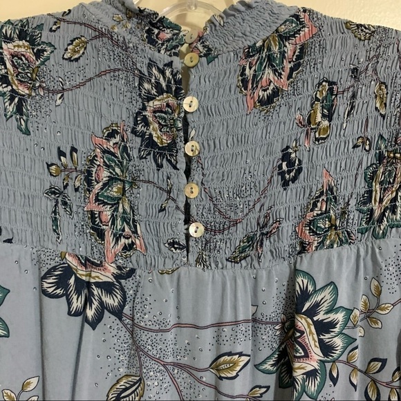 Dr2 Smocked Ruffled High Collar Button Back Blue Floral Maxi Dress. Size small - Picture 11 of 12